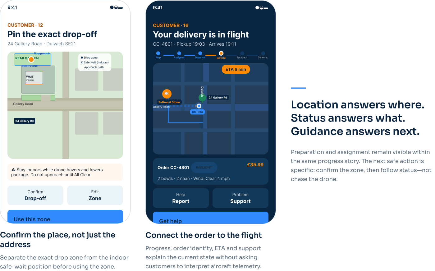 Two customer app screens: pinning the exact drop-off point, and the order in flight with progress and arrival time