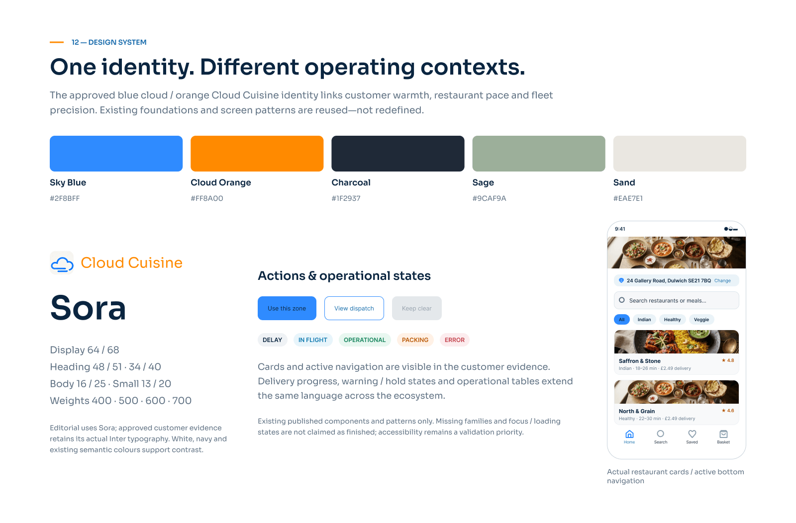 CloudCuisine design system: brand colours, Sora typography, actions and operational states