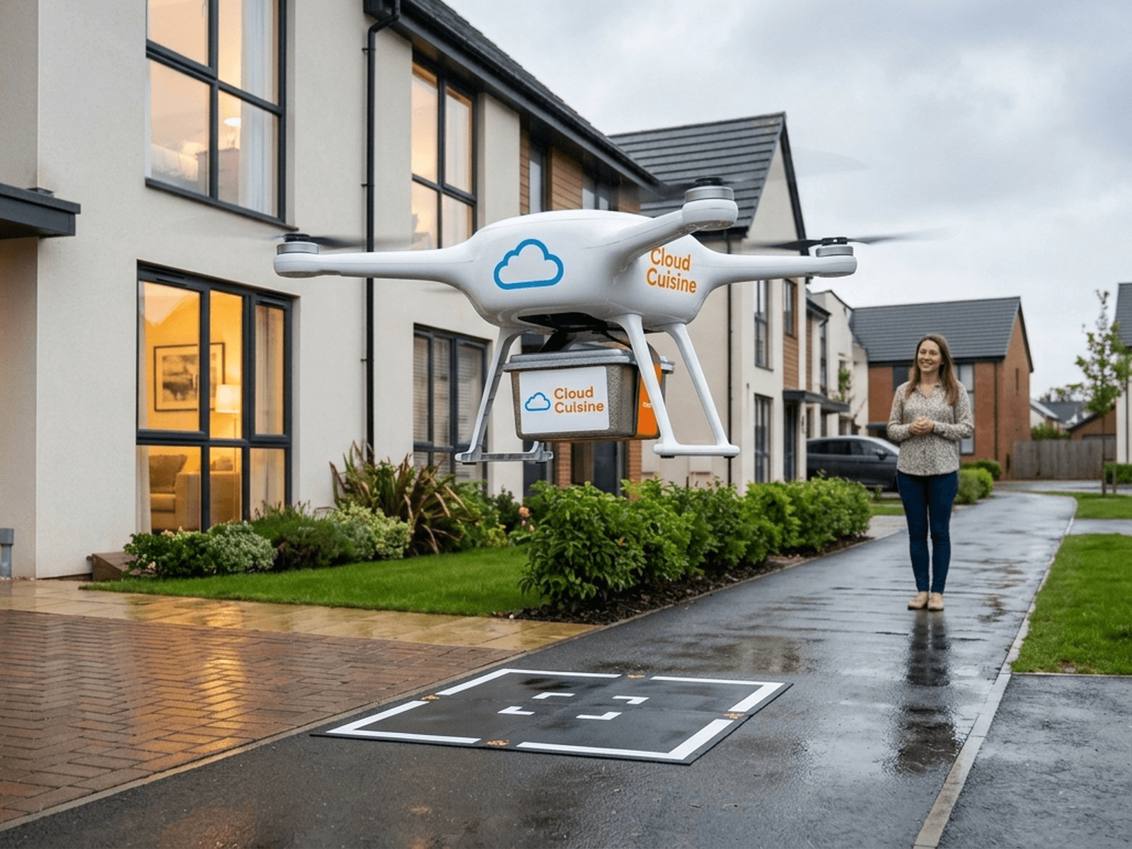 A delivery drone lowering an order onto a marked drop-off pad in front of a house, a customer waiting nearby