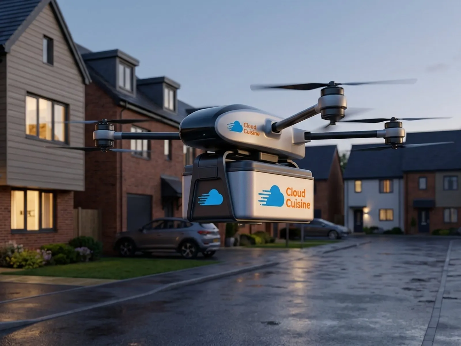 Delivery drone flying low along a rainy residential street