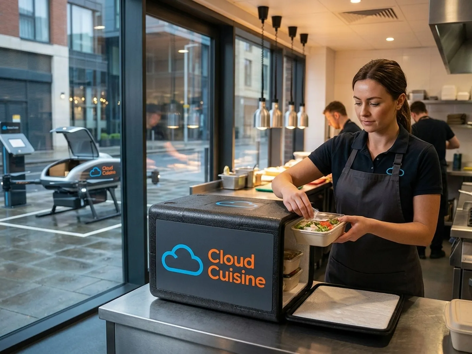 A cook packing an order into a CloudCuisine delivery box