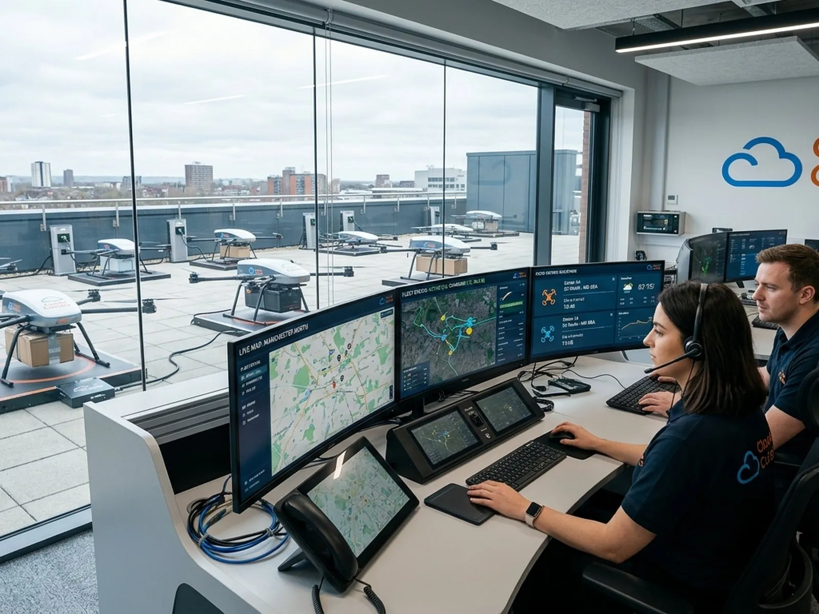 Operators monitoring drone flights in the control centre