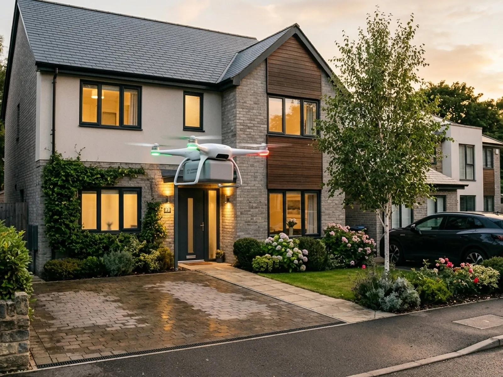 Drone arriving at a house at sunset
