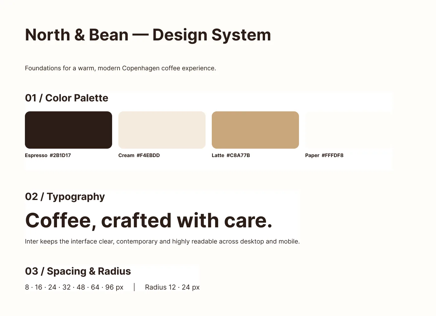 North & Bean design system: colour palette, typography, spacing and radius