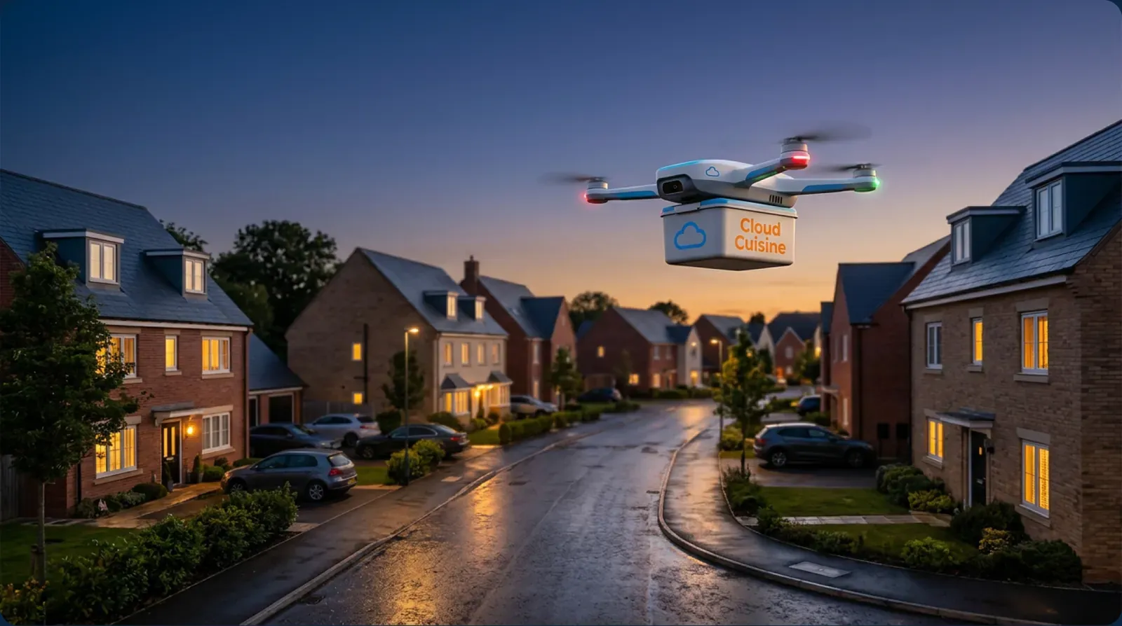 A delivery drone carrying a Cloud Cuisine box over a suburban street at dusk