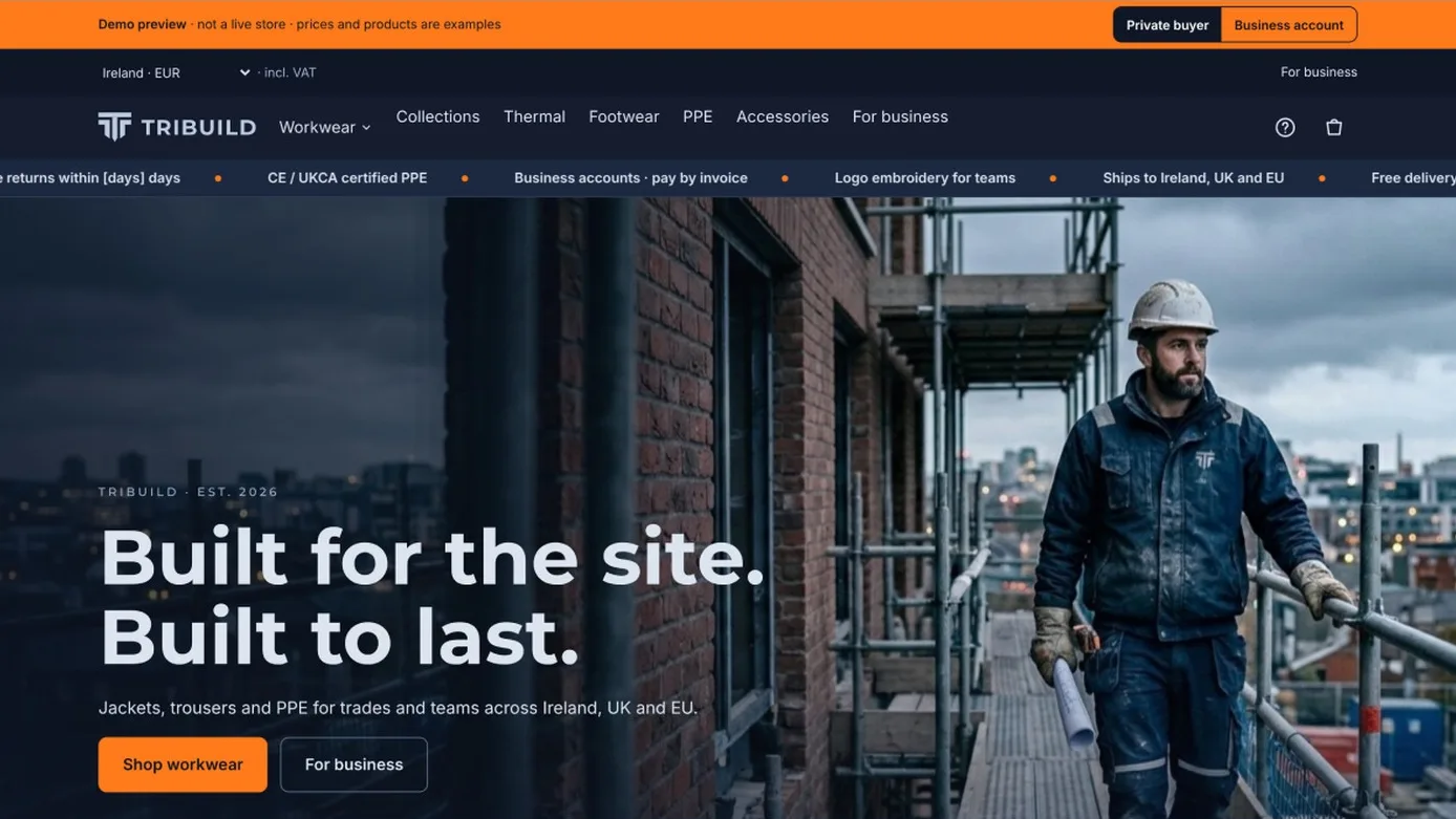 TRIBUILD home page: “Built for the site. Built to last.” with a worker on scaffolding and the buying-mode toggle