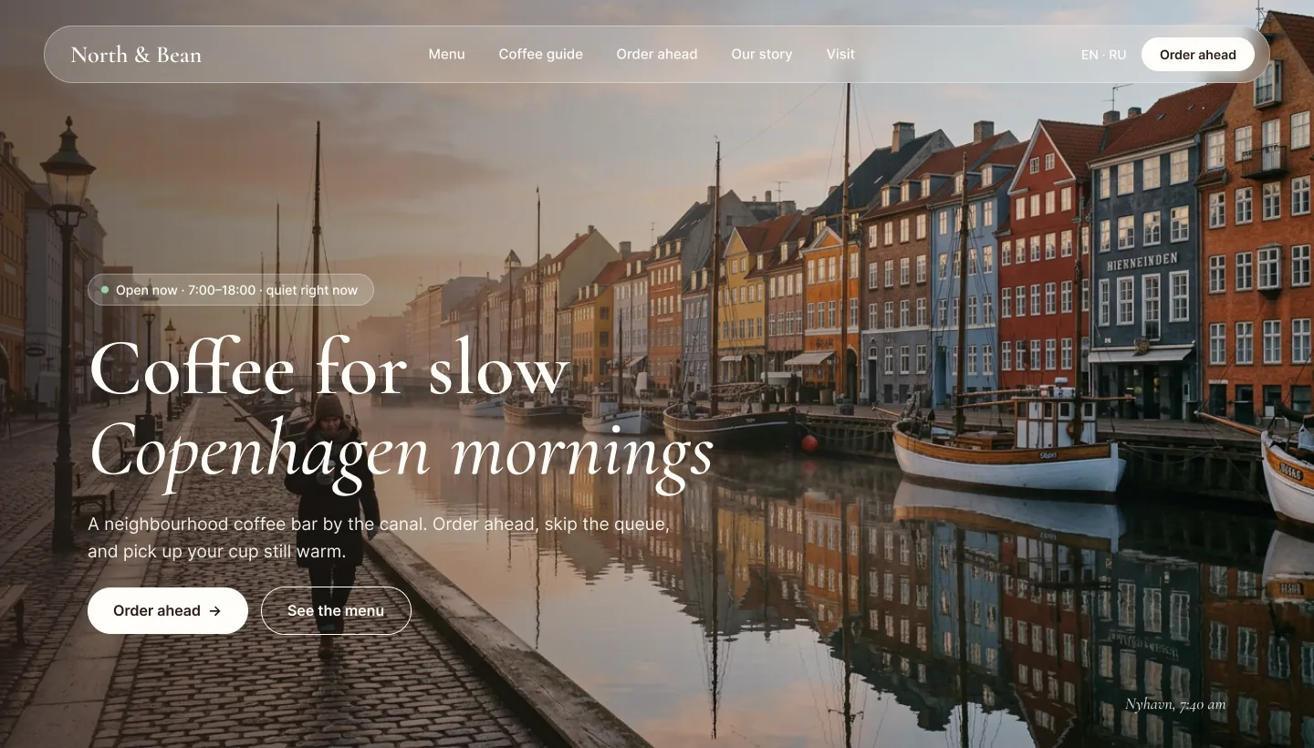 North & Bean Website 2.0 home: “Coffee for slow Copenhagen mornings” over the Nyhavn canal