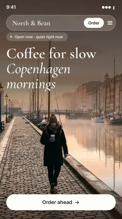Mobile home page: Copenhagen canal and Order ahead button