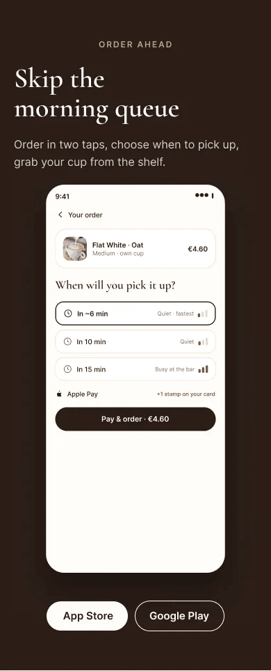 Mobile Order ahead section with pickup time and payment screen