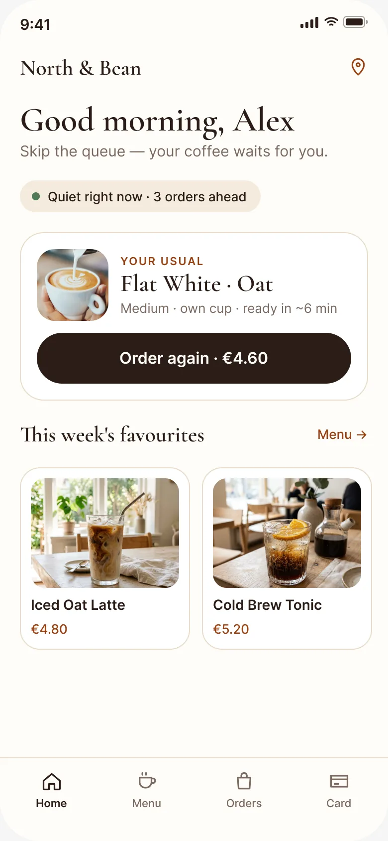 Order ahead, step 1: home screen with “Your usual” and Order again