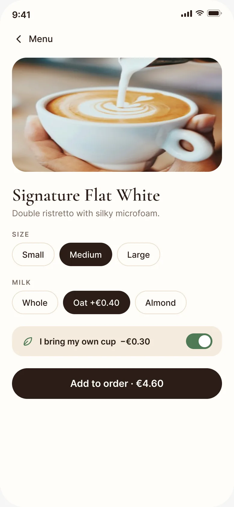 Order ahead, step 2: customise the drink — size, milk, own cup
