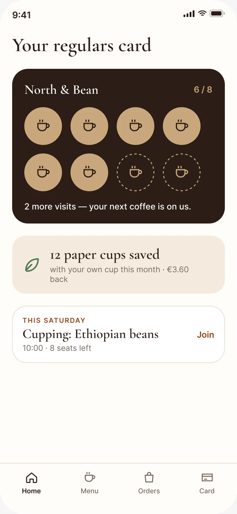 Order ahead, step 5: regulars card with stamps