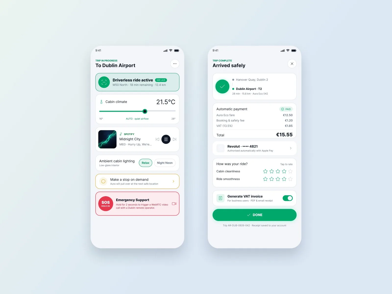 App screens: in-ride controls and automatic payment