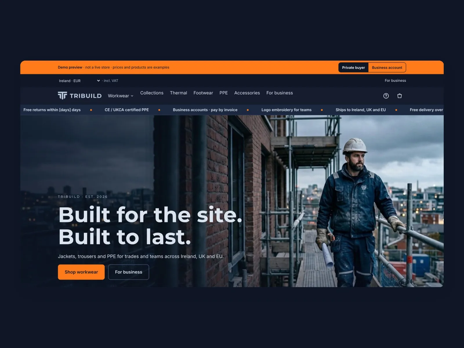TRIBUILD home page: “Built for the site. Built to last.” with a worker on scaffolding and the buying-mode toggle