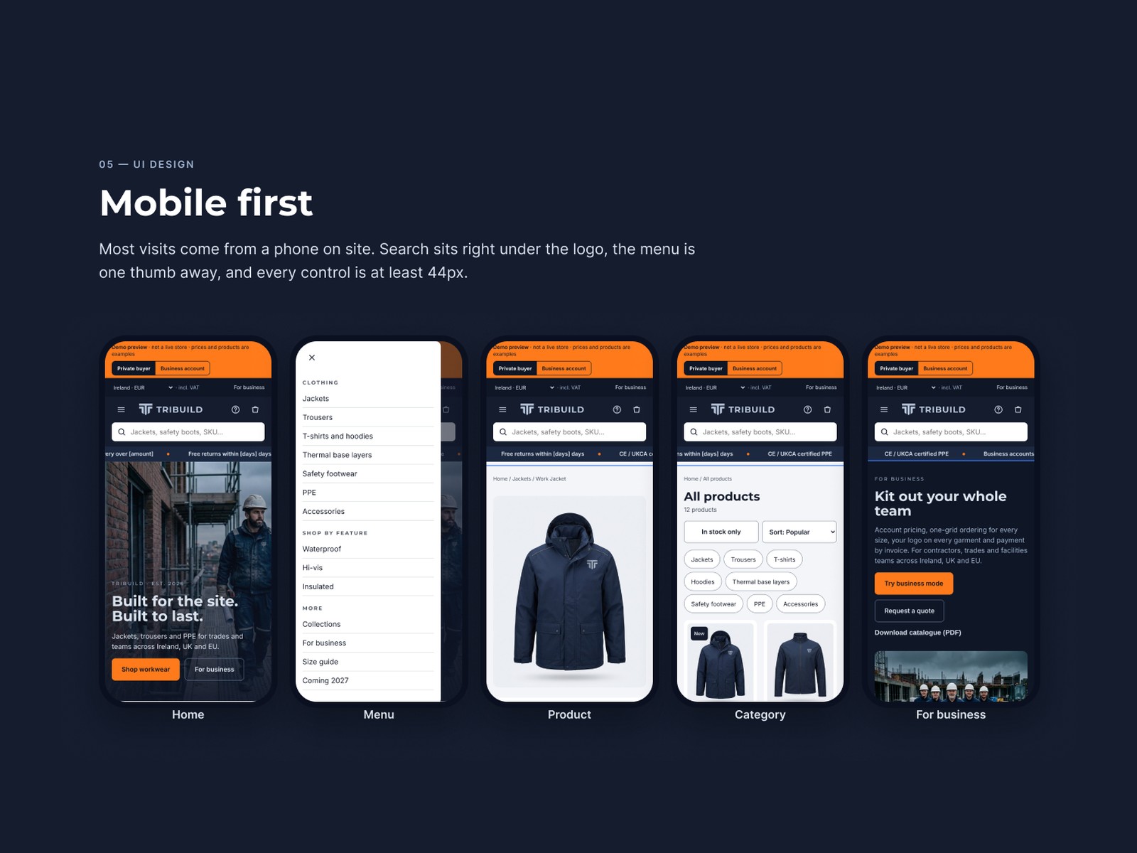 Five mobile screens: home, menu, product, category and for business