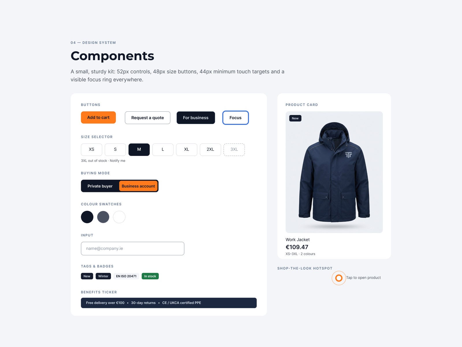Components: buttons, size selector, buying-mode toggle, swatches, badges, ticker and product card