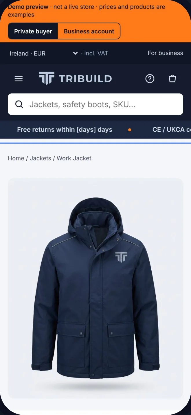 TRIBUILD product page on mobile: work jacket under the search bar and the Demo preview banner